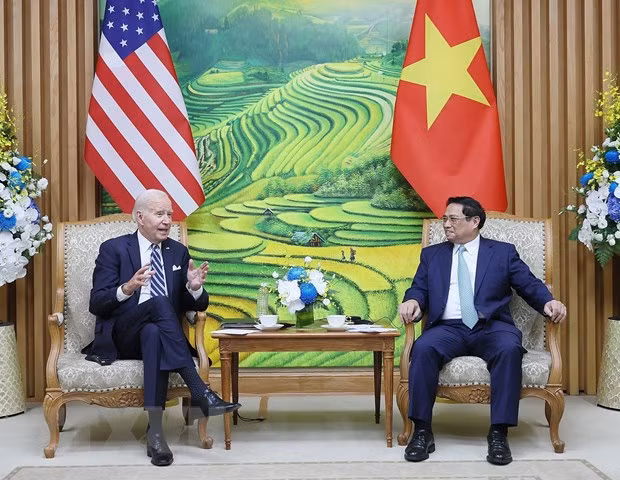 Thủ tướng Phạm Minh Chính hội kiến Tổng thống Hoa Kỳ Joe Biden. (Ảnh: Dương Giang/TTXVN)