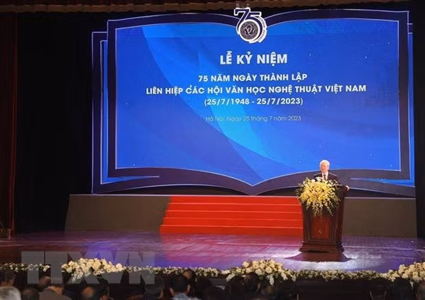 Tổng Bí thư Nguyễn Phú Trọng phát biểu tại lễ kỷ niệm. (Ảnh: Trí Dũng/TTXVN)