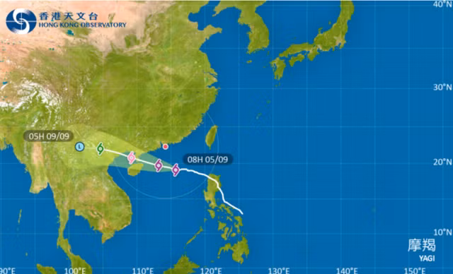 Đường đi của bão Yagi hôm 5-9. Ảnh: Đài Khí tượng Hồng Kông Đường đi của bão Yagi hôm 5-9. Ảnh: Đài Khí tượng Hồng Kông