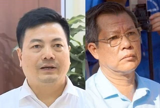 Ông Đinh Xuân Hướng (trái), cựu Bí thư Huyện ủy Như Thanh, nộp 1 tỉ đồng, ông Nguyễn Bá Hùng, cựu Bí thư Huyện ủy Như Xuân, nguyên Phó giám đốc Sở Tài chính Thanh Hóa, nộp lại 200 triệu đồng khắc phục hậu quả vụ án Hạc Thành Tower