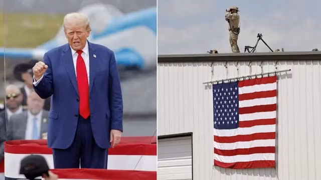 Ảnh bên trái: Cựu Tổng thống Donald Trump vận động tranh cử ở Bắc Carolina sau lớp kính chống đạn. Ảnh bên phải: Tay súng bắn tỉa đang theo dõi sự kiện. Ảnh: Reuters