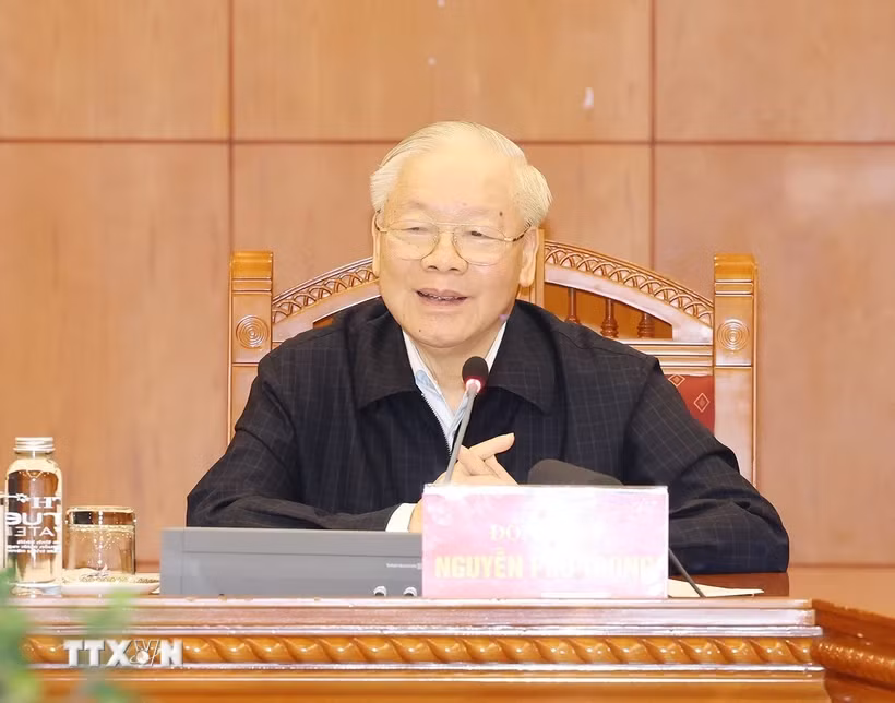 Tổng Bí thư Nguyễn Phú Trọng phát biểu kết luận phiên họp Tiểu ban Nhân sự Đại hội XIV của Đảng. (Ảnh: Trí Dũng/TTXVN)