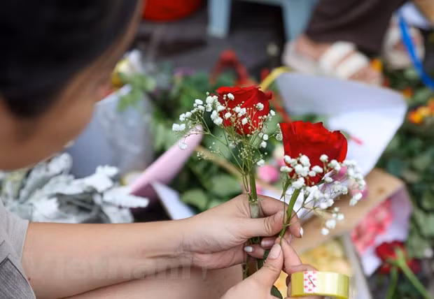 Giá hoa hồng hôm nay đã lên đến 15.000-20.000 đồng/bông, tăng gấp đôi, gấp ba ngày thường. (Ảnh: Minh Hiếu/Vietnam+)