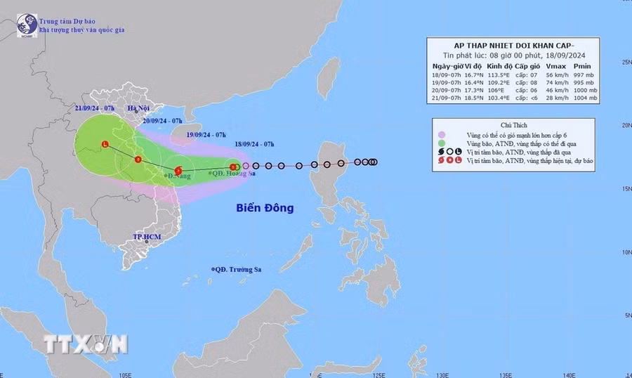 Đường đi của vùng áp thấp lúc 7h sáng 18/9/2024. (Ảnh: TTXVN phát) Đường đi của vùng áp thấp lúc 7h sáng 18/9/2024. (Ảnh: TTXVN phát)