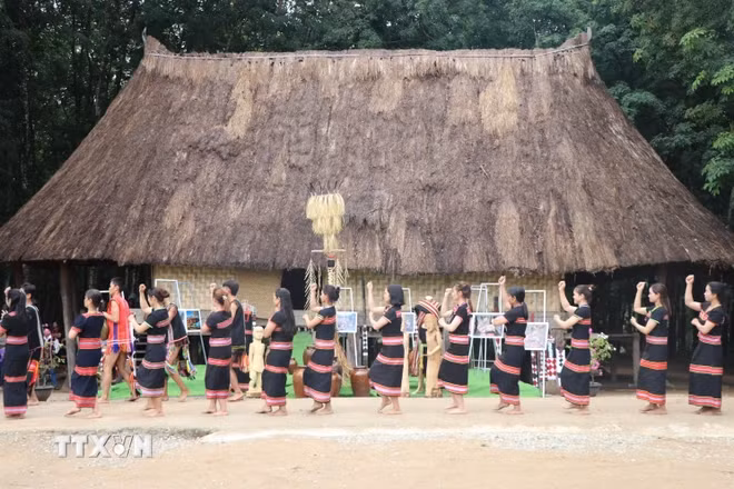 Phụ nữ dân tộc Gié-Triêng hát múa tại Làng Đăk Răng, xã Đăk Dục (Ngọc Hồi, Kon Tum). (Ảnh: Khoa Chương/TTXVN)