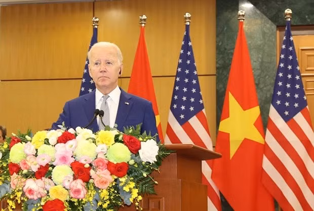 Tổng thống Hoa Kỳ Joe Biden phát biểu tại cuộc Họp báo Chung. (Ảnh: Trí Dũng/TTXVN)