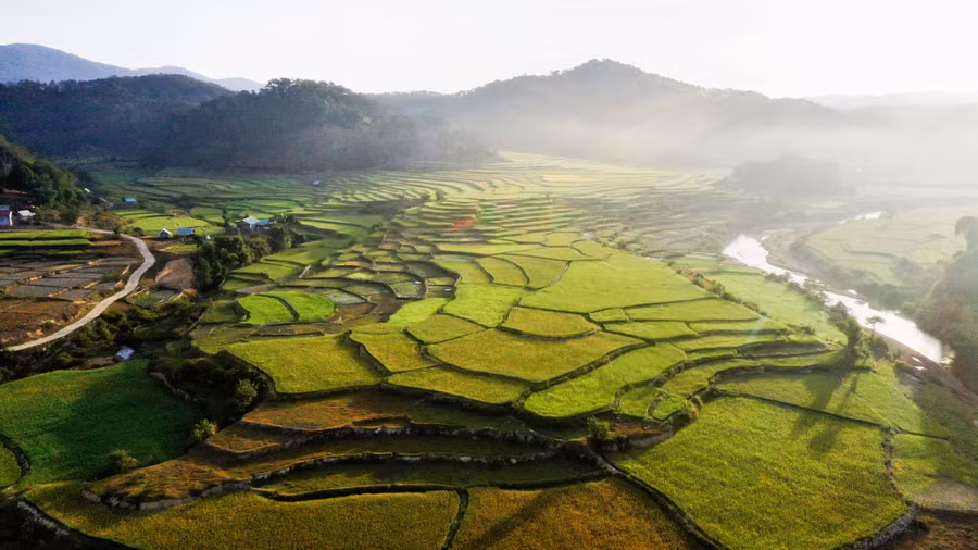 Ruộng bậc thang ở thôn Kon Vơng Kia vào buổi sớm bình minh.