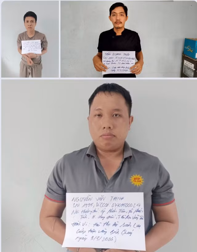 Nguyễn Linh Đoan (ảnh trên, bên trái), Trần Quang Triệu và Nguyễn Văn Thịnh (ảnh dưới) tại cơ quan điều tra. Ảnh: Công an cung cấp Nguyễn Linh Đoan (ảnh trên, bên trái), Trần Quang Triệu và Nguyễn Văn Thịnh (ảnh dưới) tại cơ quan điều tra. Ảnh: Công an cung cấp