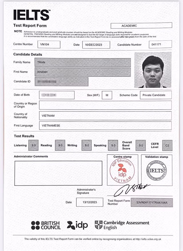 Kết quả thi IELTS của Khánh. NVCC