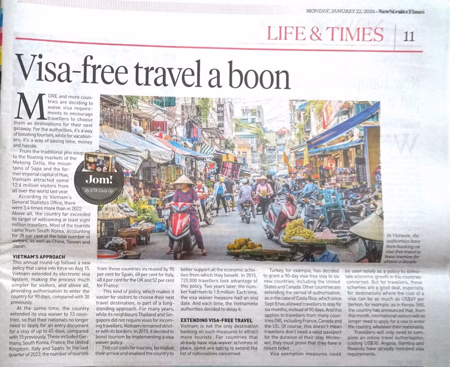 Trang báo New Straits Times đăng bài viết. (Ảnh: Hằng Linh/TTXVN)