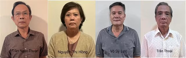 4 bị can (từ trái qua): Trần Ngọc Thuận; Nguyễn Thị Hồng; Võ Sỹ Lực; Trần Thoại. 4 bị can (từ trái qua): Trần Ngọc Thuận; Nguyễn Thị Hồng; Võ Sỹ Lực; Trần Thoại.