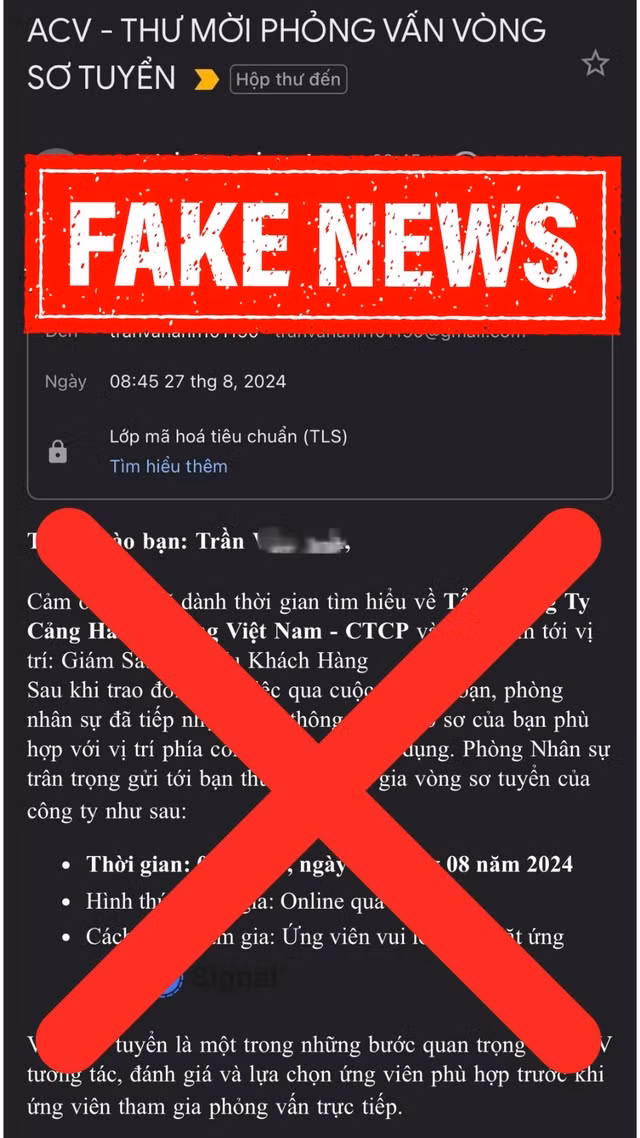 Một thông tin lừa đảo về tuyển dụng của ACV. Ảnh: Sân bay quốc tế Nội Bài