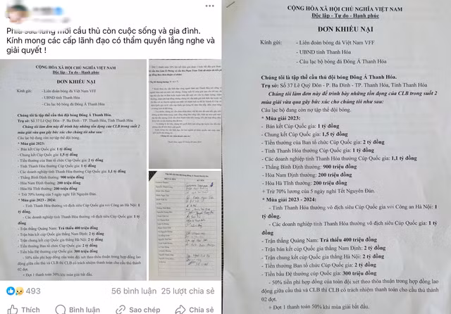 Lá đơn kiến nghị CLB Thanh Hóa nợ lương, thưởng được các cầu thủ đưa lên mạng xã hội