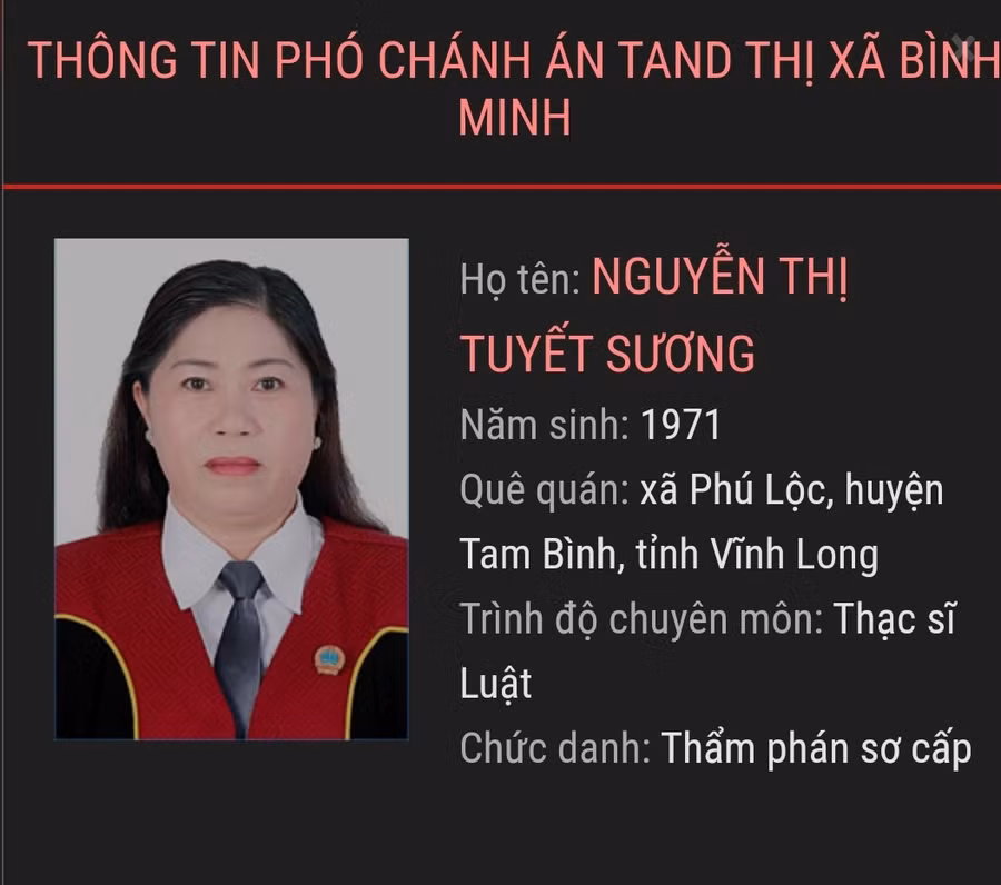 Bà Nguyễn Thị Tuyết Sương, Phó chánh án TAND TX.Bình Minh. CHỤP MÀN HÌNH CỔNG THÔNG TIN ĐIỆN TỬ TAND TỈNH VĨNH LONG