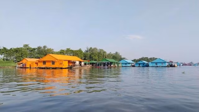 Cảnh trí rất nên thơ của làng bè Châu Đốc. Ảnh: TRẦN NGỌC