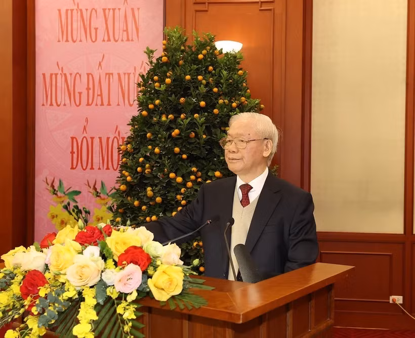 Tổng Bí thư Nguyễn Phú Trọng chúc Tết Nguyên đán Giáp Thìn 2024. (Ảnh: Trí Dũng/TTXVN)