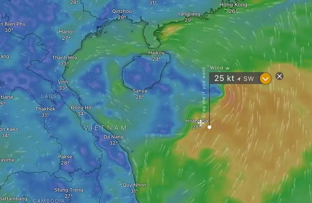 Khu vực xuất hiện vùng áp thấp. Ảnh: WINDY Khu vực xuất hiện vùng áp thấp. Ảnh: WINDY