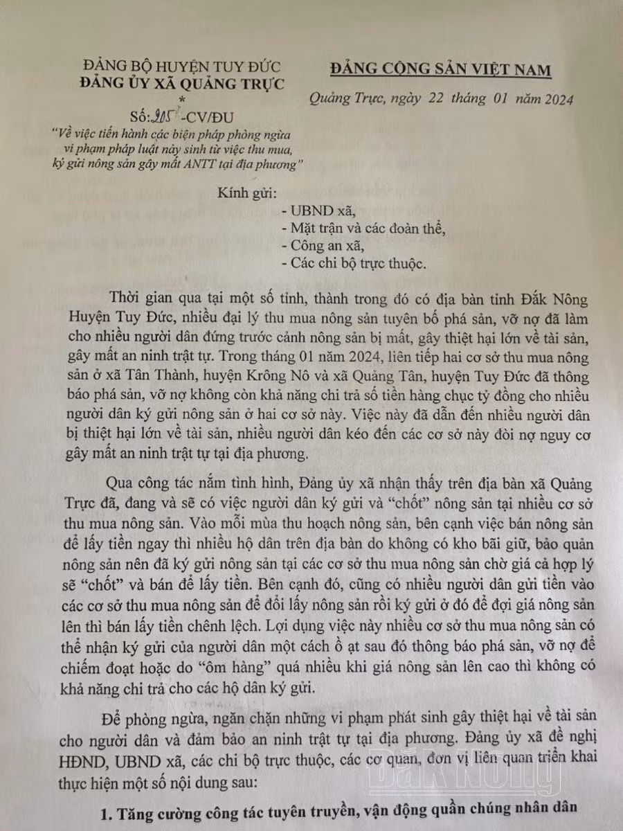 Đảng ủy xã Quảng Trực, huyện Tuy Đức (Đắk Nông) kịp thời ban hành văn bản định hướng người dân không nên ký gửi nông sản