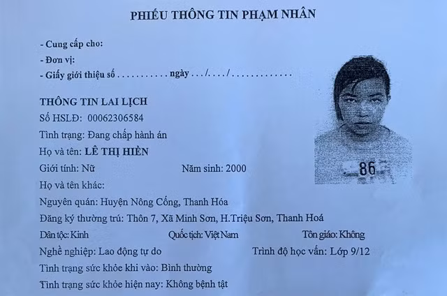 Phiếu tiếp nhận thông tin phạm nhân. Ảnh: Công an cung cấp