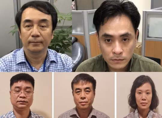 Bị can phía trên Trần Hùng (trái) và Nguyễn Duy Hải cùng 3 bị can QLTT phía dưới. Bị can phía trên Trần Hùng (trái) và Nguyễn Duy Hải cùng 3 bị can QLTT phía dưới.