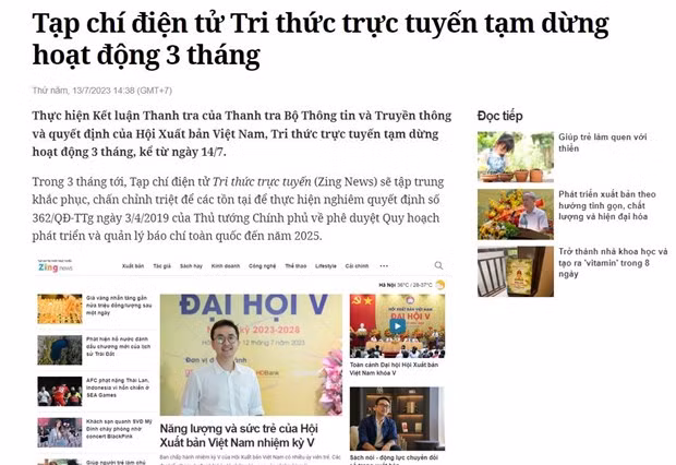 Thông báo trên trang chủ của Zing News. (Nguồn: Vietnam+)