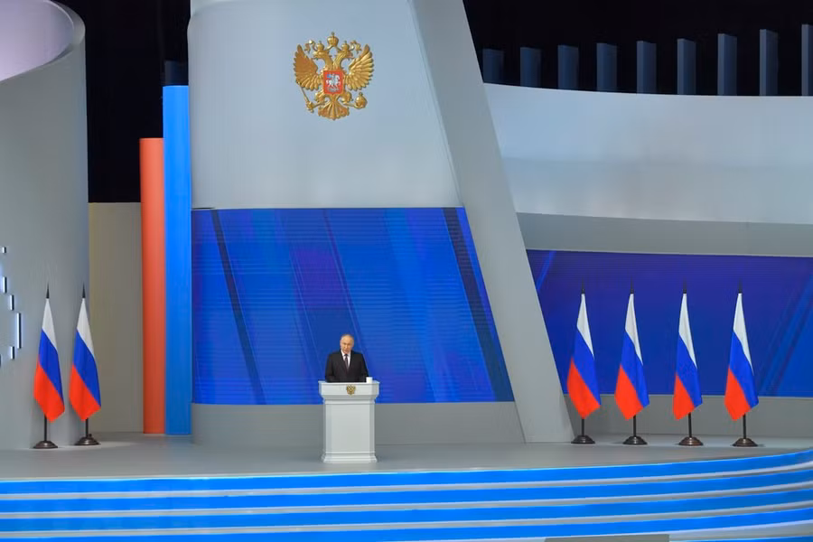 Tổng thống Nga Vladimir Putin trình bày Thông điệp liên bang tại Moskva ngày 29/2/2024. (Ảnh: THX/TTXVN) Tổng thống Nga Vladimir Putin trình bày Thông điệp liên bang tại Moskva ngày 29/2/2024. (Ảnh: THX/TTXVN)