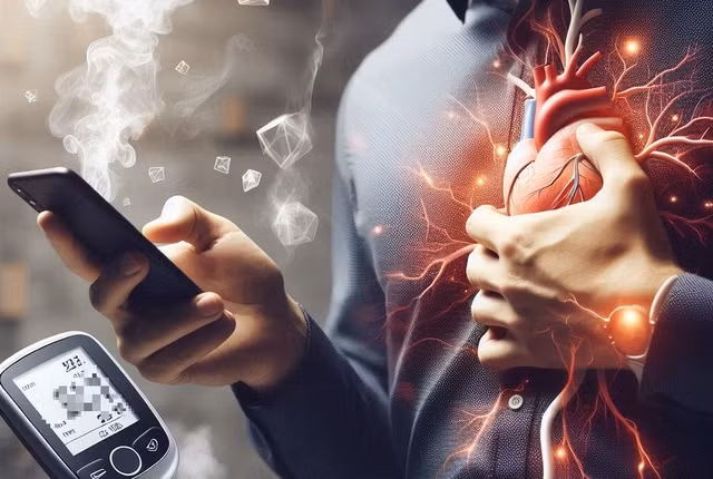 Nguy cơ mắc nhóm bệnh tim mạch gây chết người hàng đầu có thể đến bởi tác động hiệp đồng của thói quen dùng điện thoại, hút thuốc và bệnh tiểu đường - Minh họa AI: Anh Thư