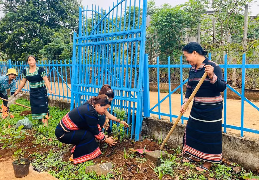 Các hội viên phụ nữ xã Ia Pếch trồng cây xanh để cải tạo cảnh quan và góp phần bảo vệ môi trường. Ảnh: L.N