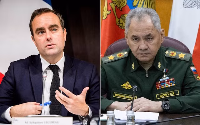 Bộ trưởng Quốc phòng Pháp Sebastien Lecornu (trái) và người đồng cấp Nga Sergei Shoigu. Ảnh: Shutterstock Bộ trưởng Quốc phòng Pháp Sebastien Lecornu (trái) và người đồng cấp Nga Sergei Shoigu. Ảnh: Shutterstock