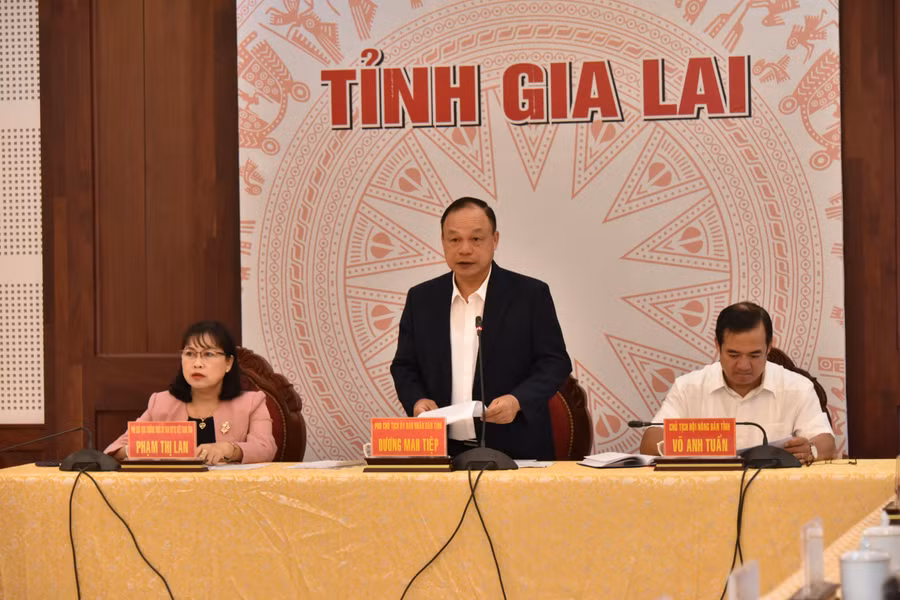Các đồng chí: Dương Mah Tiệp (ở giữa)-Phó Chủ tịch UBND tỉnh; Võ Anh Tuấn (bìa phải)-Chủ tịch Hội Nông dân tỉnh; Phạm Thị Lan (bìa trái)-Phó Chủ tịch Ủy ban MTTQ Việt Nam tỉnh đồng chủ trì hội nghị. Ảnh: Đ.T Các đồng chí: Dương Mah Tiệp (ở giữa)-Phó Chủ tịch UBND tỉnh; Võ Anh Tuấn (bìa phải)-Chủ tịch Hội Nông dân tỉnh; Phạm Thị Lan (bìa trái)-Phó Chủ tịch Ủy ban MTTQ Việt Nam tỉnh đồng chủ trì hội nghị. Ảnh: Đ.T