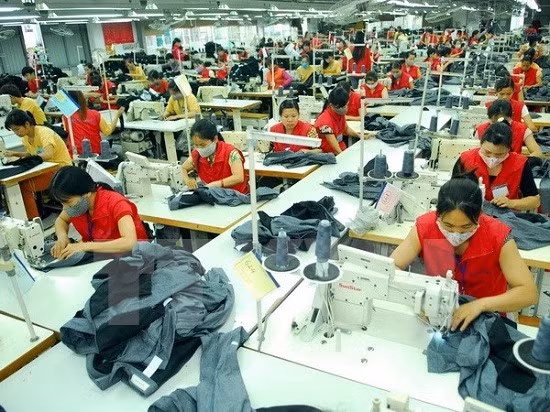 Sản xuất hàng may mặc xuất khẩu. (Ảnh: Danh Lam/TTXVN)