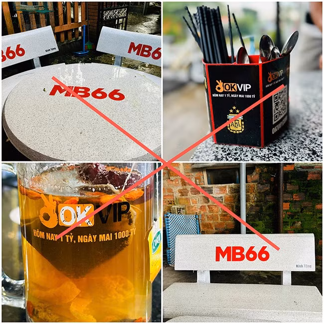 Vật dụng, ghế đá có in logo quảng cáo các trang cờ bạc mà một số đối tượng lạ mặt tặng cho các hàng quán trên địa bàn TX Hoài Nhơn. Ảnh: CA TX Hoài Nhơn Vật dụng, ghế đá có in logo quảng cáo các trang cờ bạc mà một số đối tượng lạ mặt tặng cho các hàng quán trên địa bàn TX Hoài Nhơn. Ảnh: CA TX Hoài Nhơn