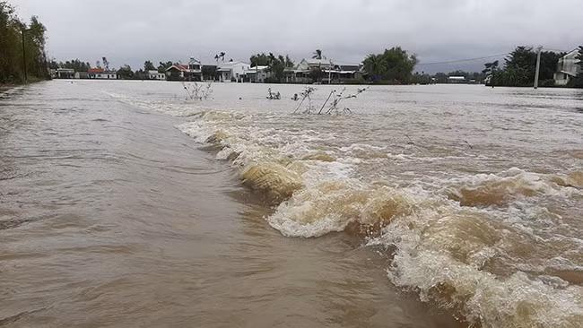 Nước chảy xiết cô lập khu dân cư Chánh Hội, xã Cát Chánh, huyện Phù Cát. Ảnh: XUÂN THỨC