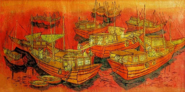 Tác phẩm “Bến thuyền”. Tranh khắc gỗ của Phạm Xuân Trường.