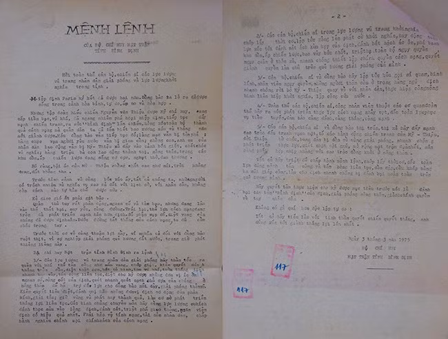 Mệnh lệnh của Bộ Chỉ huy Mặt trận tỉnh Bình Định ban hành ngày 3.3.1975. Ảnh: NGỌC NHUẬN Mệnh lệnh của Bộ Chỉ huy Mặt trận tỉnh Bình Định ban hành ngày 3.3.1975. Ảnh: NGỌC NHUẬN