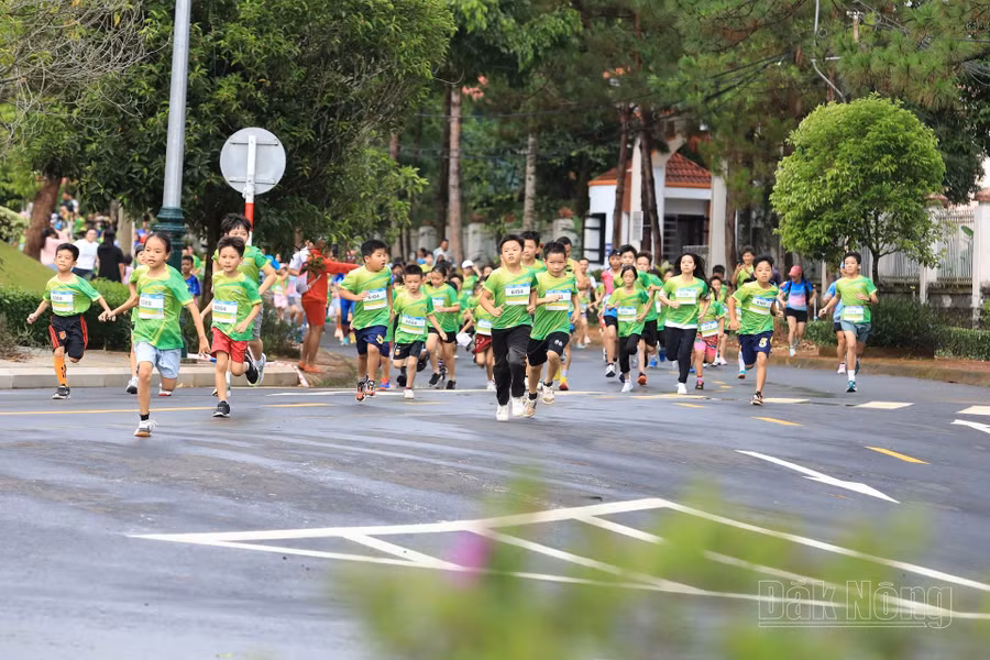 Hơn 500 vận động viên nhí trong và ngoài tỉnh tham gia đường chạy 2km, nội dung Kids Run, Giải Đắk Nông Marathon năm 2025 (Ảnh L.P)