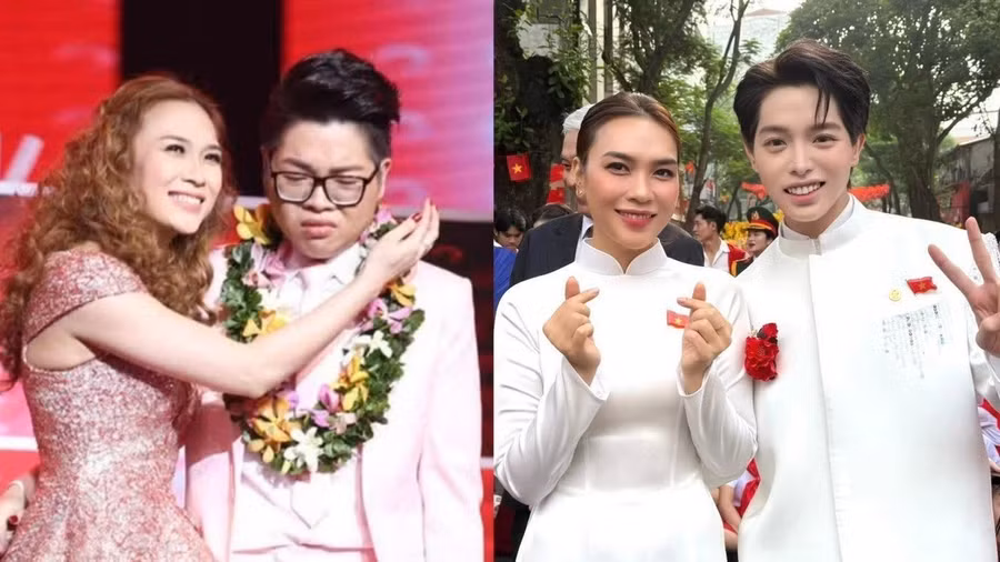Khoảnh khắc của thầy trò Mỹ Tâm - Đức Phúc ở Giọng hát Việt 2015 (trái) và đại lễ A80.
