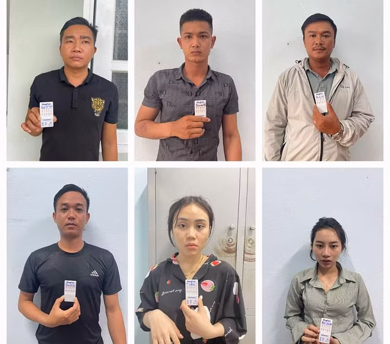 Các đối tượng (từ trái sang, trên xuống), gồm Ngân, Thắng, Hiếu, Việt, H’Thảo H’ra và Trâm. Ảnh: Công an thị xã An Khê Các đối tượng (từ trái sang, trên xuống), gồm Ngân, Thắng, Hiếu, Việt, H’Thảo H’ra và Trâm. Ảnh: Công an thị xã An Khê