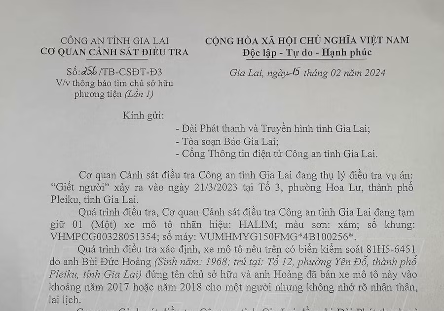 Cơ quan Cảnh sát Điều tra tìm chủ sở hữu phương tiện. Ảnh: R.H