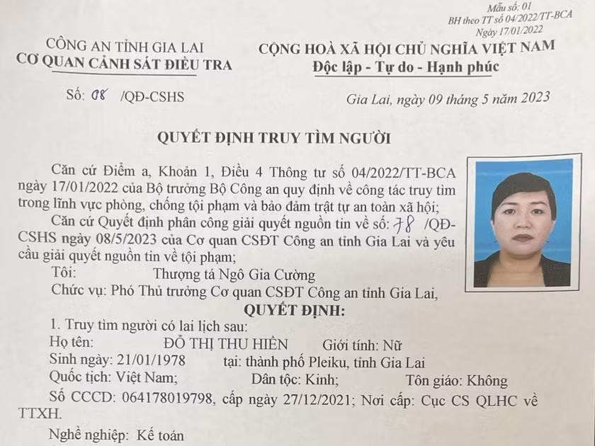 Quyết định truy tìm bà Đỗ Thị Thu Hiền. Ảnh: Công an tỉnh Gia Lai