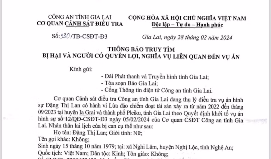 Cơ quan Cảnh sát điều tra truy tìm bị hại và người có quyền lợi, nghĩa vụ liên quan vụ án lừa đảo chiếm đoạt tài sản.Ảnh R.H Cơ quan Cảnh sát điều tra truy tìm bị hại và người có quyền lợi, nghĩa vụ liên quan vụ án lừa đảo chiếm đoạt tài sản.Ảnh R.H