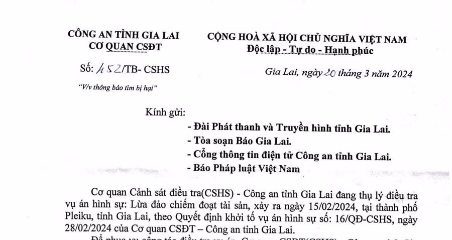 Thông báo tìm bị hại liên quan đến vụ án lừa đảo chiếm đoạt tài sản. Ảnh: R.H Thông báo tìm bị hại liên quan đến vụ án lừa đảo chiếm đoạt tài sản. Ảnh: R.H