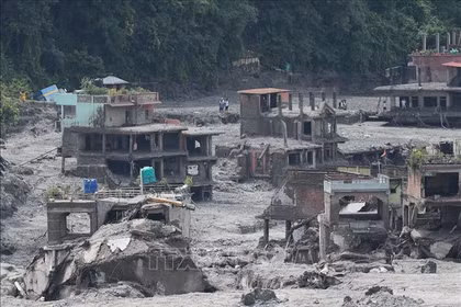 Khu vực bị lũ quét tàn phá tại Bidur, Nepal, ngày 29-8-2026. Ảnh: Yonhap/TTXVN phát