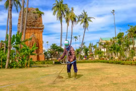 Cắt cỏ dọn vệ sinh, chỉnh trang khuôn viên di tích tháp Đôi. Ảnh: Ngọc Nhuận