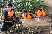 Cán bộ, chiến sĩ và người dân cùng vớt lục bình và rác để khơi thông dòng chảy