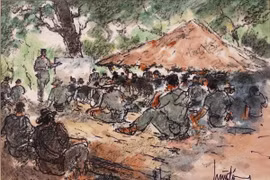 Tác phẩm Đại hội quân nhân Sư đoàn 5 của họa sĩ Huỳnh Phương Đông sáng tác năm 1965.