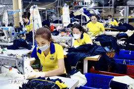 Công nhân may đồng phục xuất khẩu tại Công ty Cổ phần quốc tế Dony. Ảnh: Xuân Anh/TTXVN