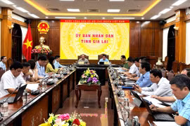 Các đại biểu tham dự phiên họp về chống khai thác IUU, phát triển ngành thủy sản bền vững tại điểm cầu UBND tỉnh Gia Lai. 