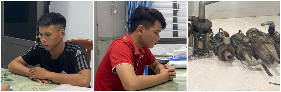 Đoàn Ngọc Lâm, Huỳnh Hữu Thắng cùng tang vật. Ảnh: T.L trom-may-bom-nuoc.jpg