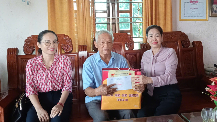 Phó Chủ tịch HĐND tỉnh Huỳnh Thúy Vân tặng quà cho gia đình ông Võ Cơ (thôn Thượng An 3, xã Cửu An). Ảnh: Trương Tuấn anh-1-9503.jpg
